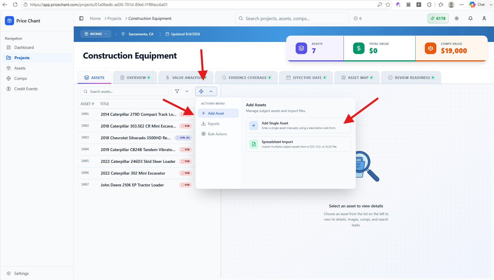 Add assets manually or import another spreadsheet from the actions menu.