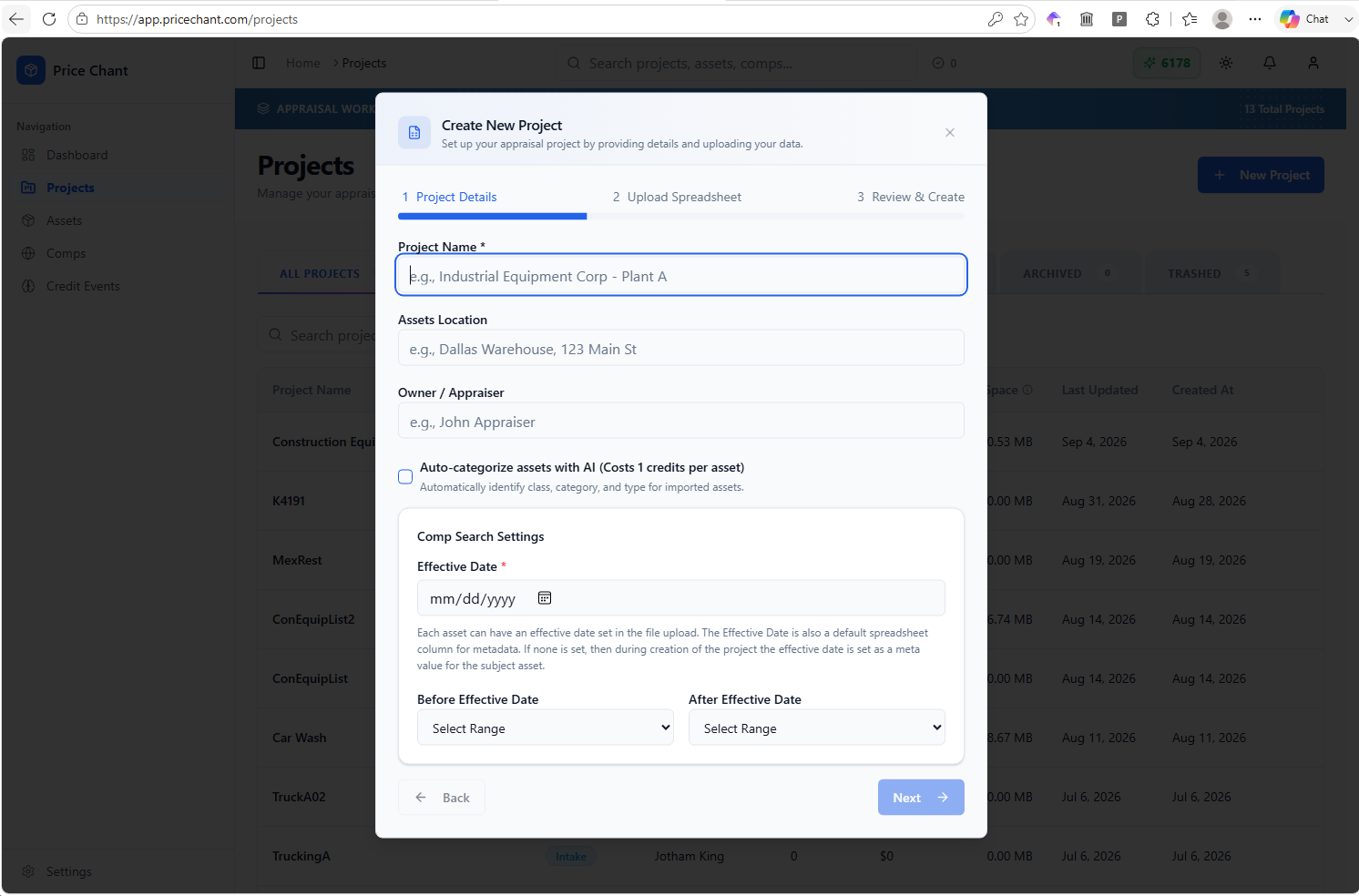 Enter project details and review the comp search settings.