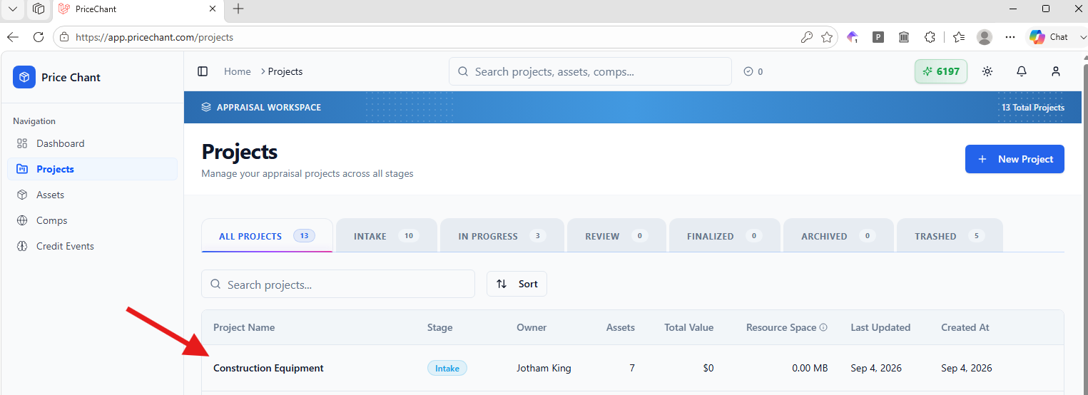 Select your newly created project from the project list.