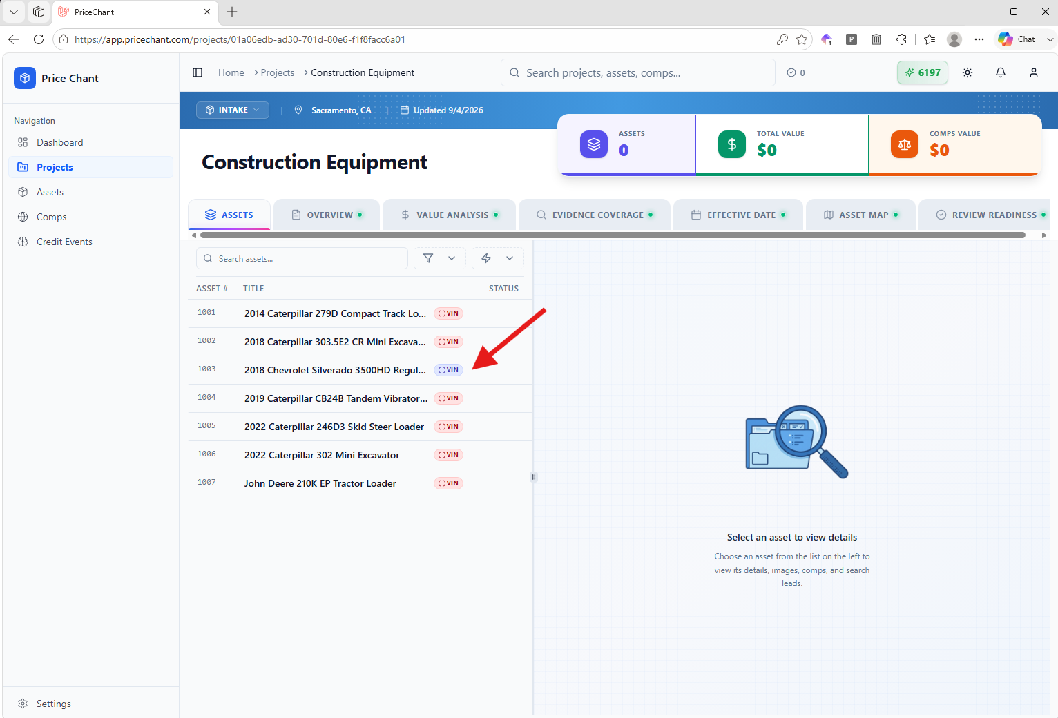 Open an asset’s VIN indicator to review available decoded details.