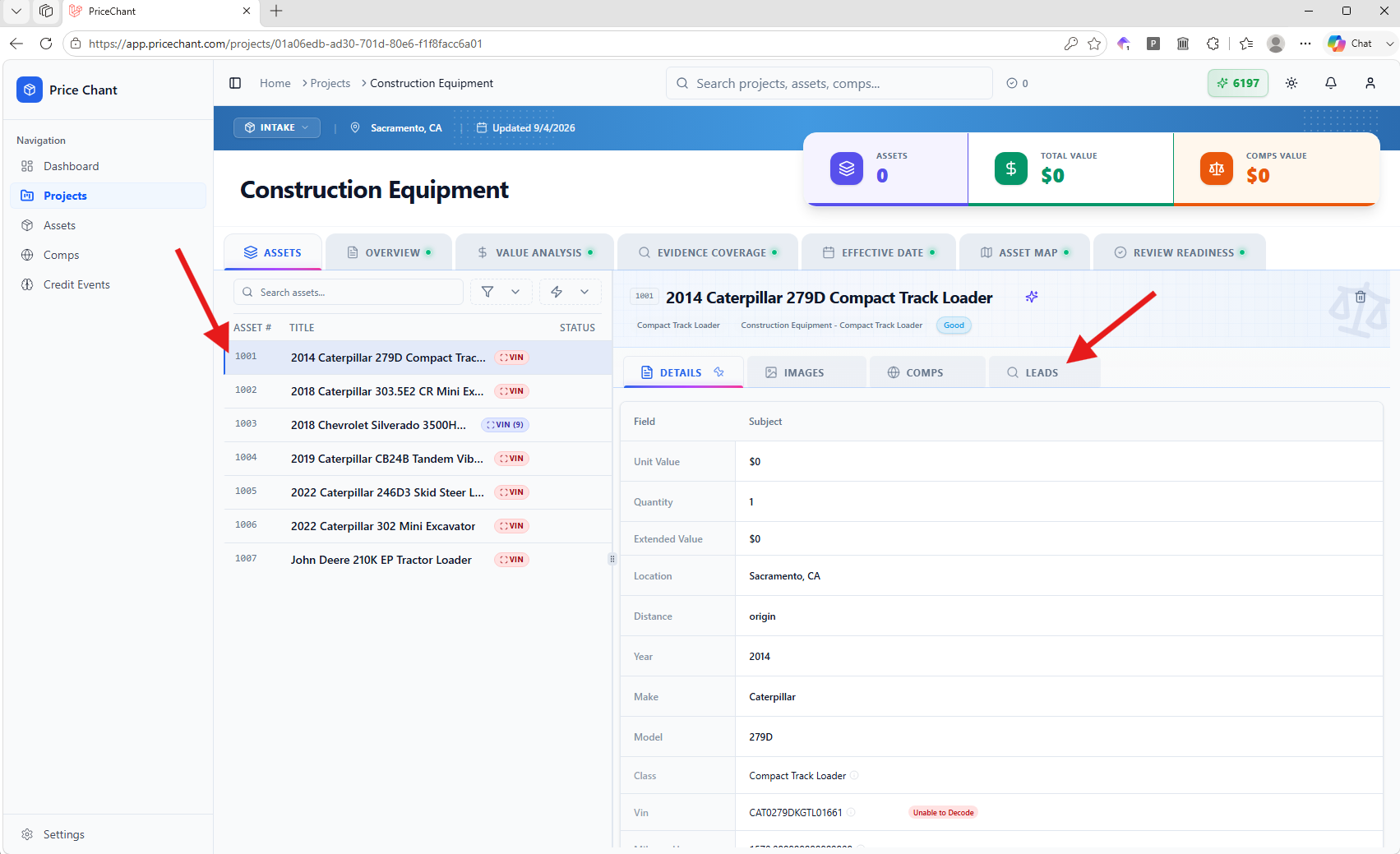 Select an asset and open its Leads tab.