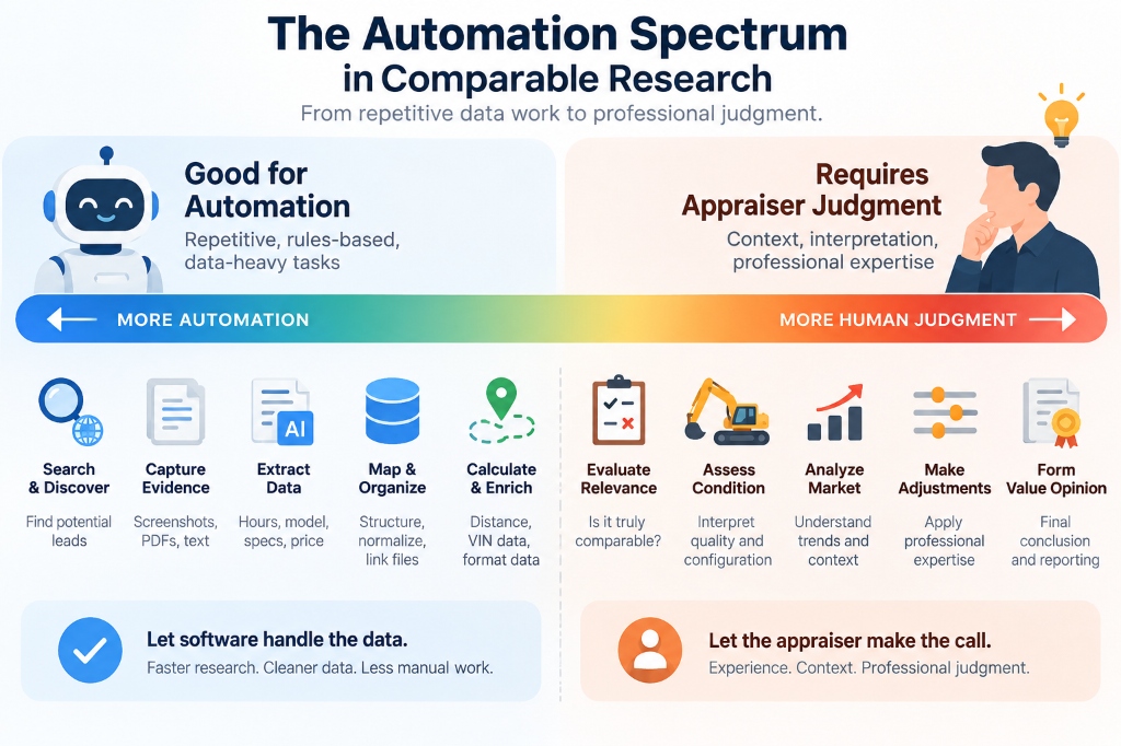 Figure 1: The Automation Spectrum in Comparable Research: Good for Automation (repetitive, rules-based tasks) vs Requires Appraiser Judgment (context, interpretation, professional expertise).
