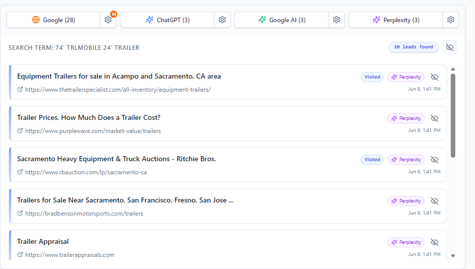 Price Chant comparable sales research with Google, ChatGPT, Google AI, and Perplexity sources and saved equipment listing leads