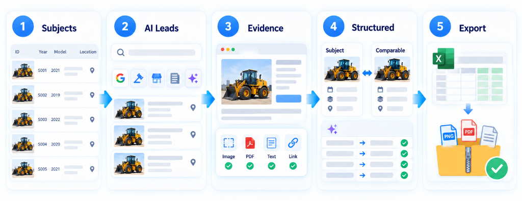 Figure 4: Connected Subject-to-Evidence Workflow in Price Chant: Subjects, AI Leads, Evidence, Structured, Export