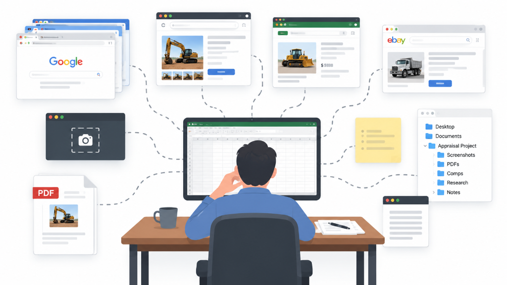 Figure 1: The Disconnected Appraisal Research Stack: Browser tabs, spreadsheets, screenshot utilities, and local folders operating as separate silos during comparable research.