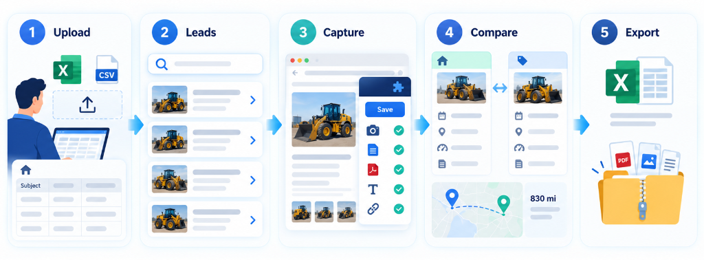 Figure 1: The End-to-End Equipment Appraisal Comparable Research Workflow: Upload, Leads, Capture, Compare, Export