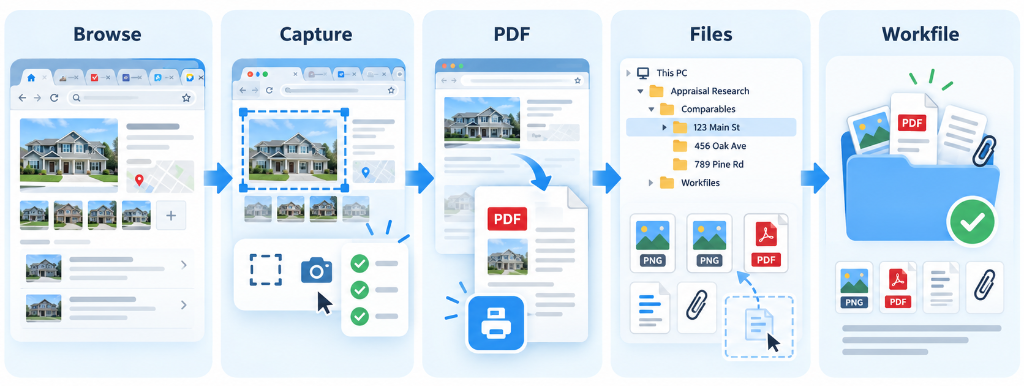 Figure 2: The Evidence Documentation Lifecycle: Browse, Capture, PDF, Files, Workfile