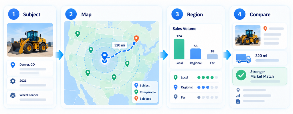 Figure 3: Geographic Distance and Regional Market Evaluation: Subject, Map, Region Sales Volume, and Compare