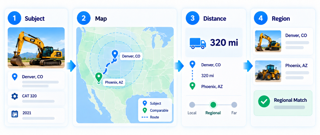 Figure 6: Geographic Proximity and Distance Calculation: Subject location, interactive map routing, distance mileage, and regional market classification.
