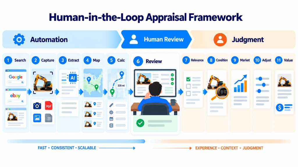 Figure 7: Human-in-the-Loop Appraisal Framework: Automation (Search, Capture, Extract, Map, Calc) → Human Review → Judgment (Relevance, Condition, Market, Adjust, Value).