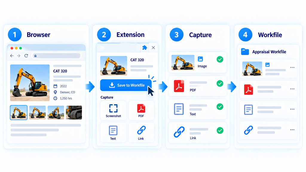 Figure 5: In-Browser Evidence Capture via Extension: Browser listing, browser extension, one-click capture, and integration into the appraisal workfile.
