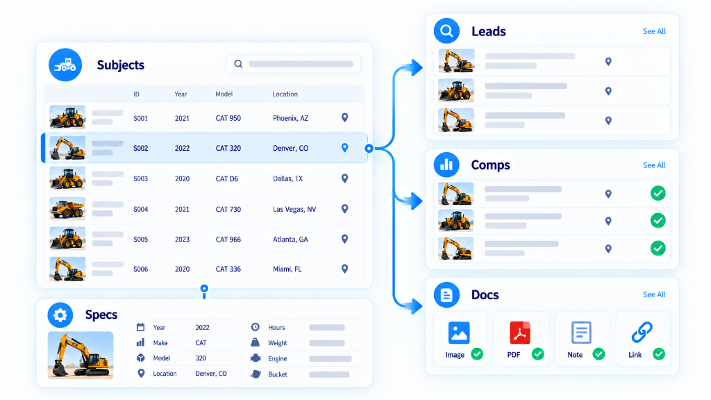 Figure 4: Subject-Centric Appraisal Project Dashboard: Subject inventory acting as the anchor for associated leads, comps, documentation, and specifications.
