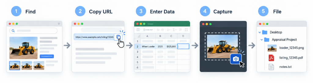 Figure 2: Tracking a Single Comparable Through Manual Research Steps: Find, Copy URL, Enter Data, Capture, and File.