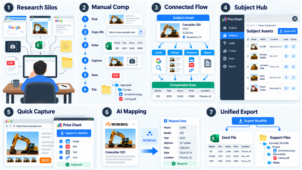 Figure 7: Unified Export and End-to-End Modern Appraisal Research Pipeline: Silos, manual comp process, connected flow, subject hub, quick capture, AI mapping, and unified export.